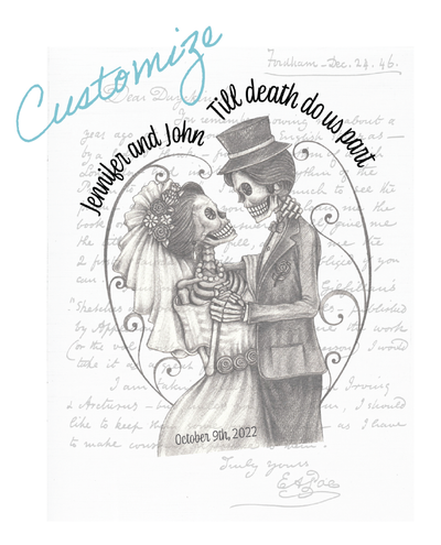 Personalized Wedding Gift Custom Bride Groom Skeleton Print | Dark Academia Poe Letter | Custom Name Till Death Do Us Part Wedding Gift | Gothic Horror - AudaciousGifts