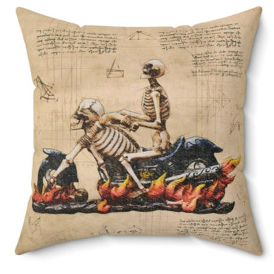 Skull Skeleton Motorcycle Pillow | Decorative Pillow with flames | Halloween Throw Pillow | Skull Bike Fire Decorative Pillows | Perfect for bikers | Goth Decor - AudaciousGifts